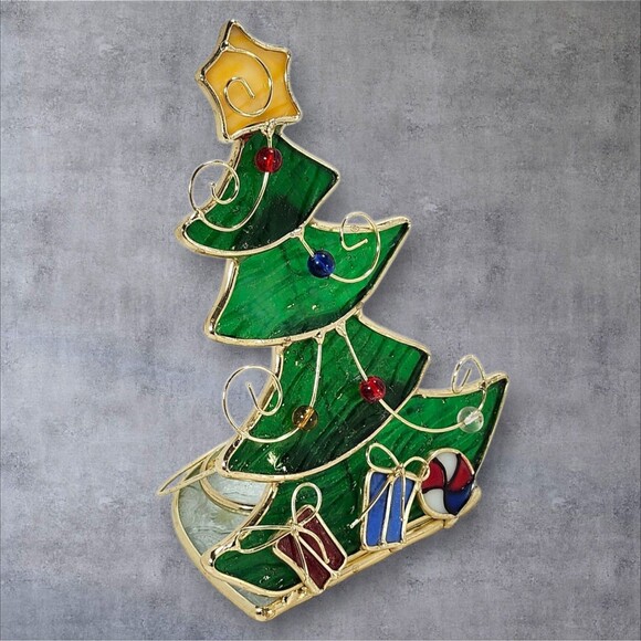 Vintage Stained Glass Christmas Tree Tea Light Candle Holder 7" Holiday Decor - Picture 2 of 12